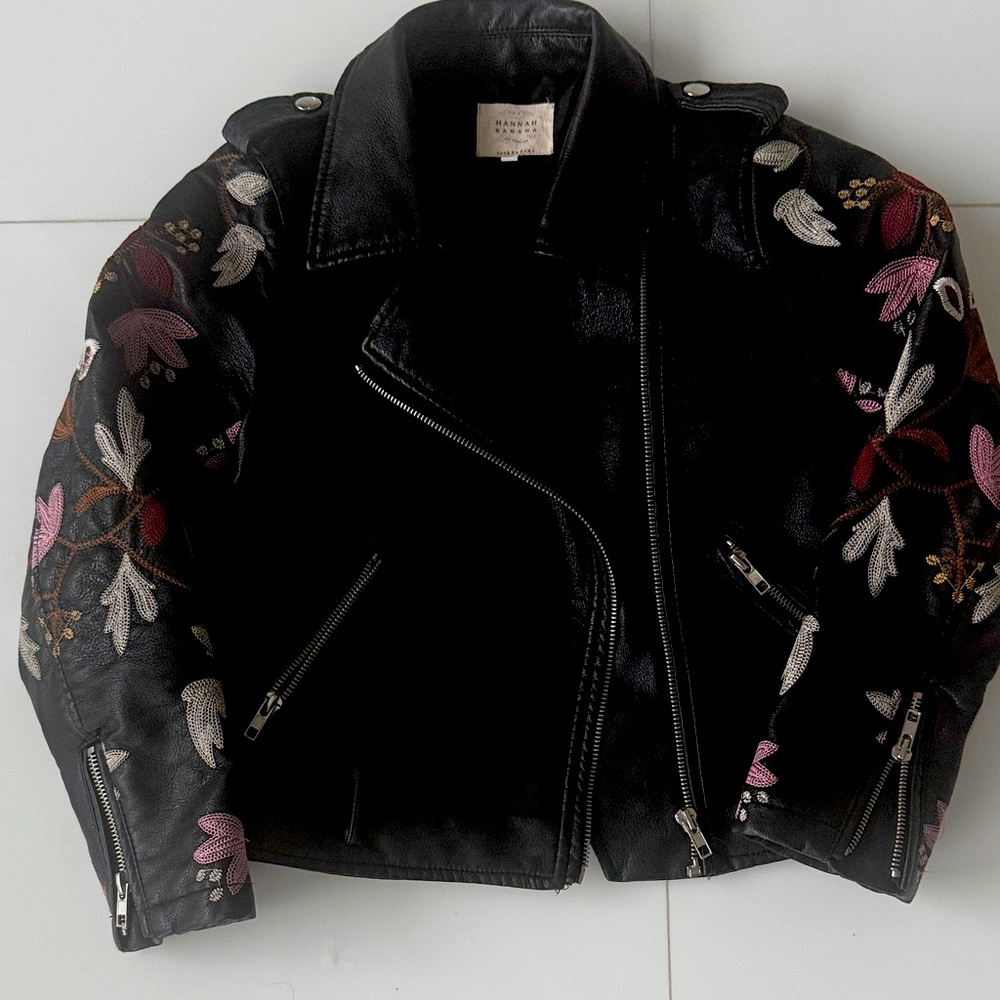 Hannah Banana Black Faux Leather Jacket with Floral Embroidery Girls 10